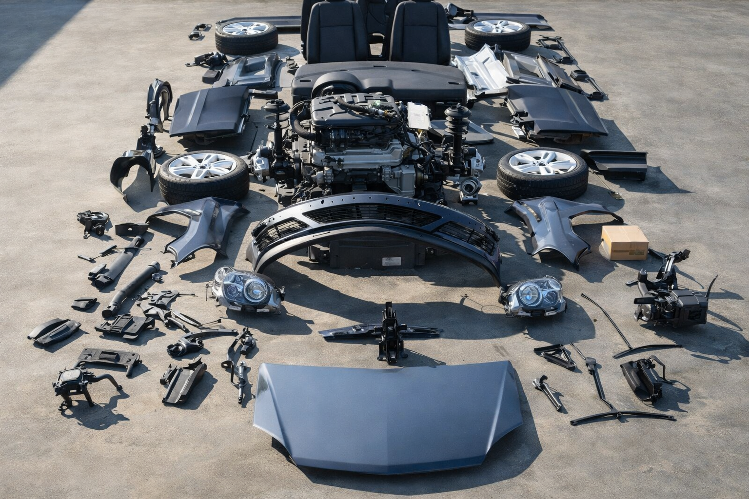 Disassembled car parts on concrete